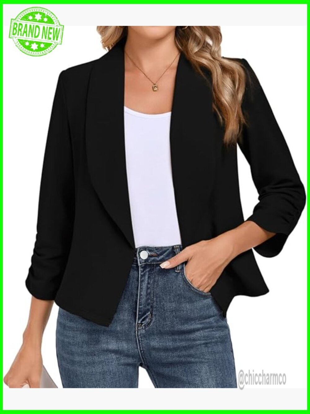 Slim Fit 3/4 Sleeve Open Front Blazer Casual Work Lightweight Suit Jacket
